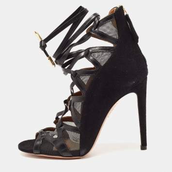 مملوكة مسبقًا Aquazzura Black Suede and Mesh Cut Out Lace Pp Pumps Size 35