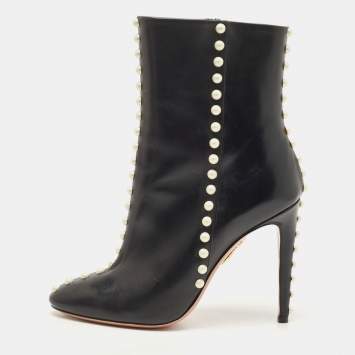 Pre Owned Aquazzura Black Leather Studded Follie Ankle Booties Size 37