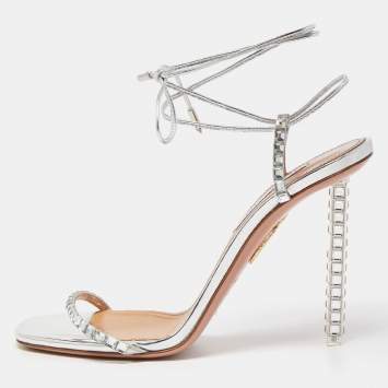 Pre Owned Aquazzura Silver Leather Crystal Embellished Rock Chic Ankle Strap Sandals Size 39.5