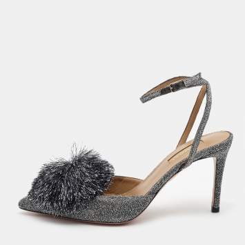 Pre Owned Aquazzura Silver Lurex Fabric Powder Puff Ankle Strap Pumps Size 38