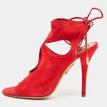 مملوكة مسبقًا Aquazzura Red Suede Sexy Thing Ankle Strap Sandals Size 37