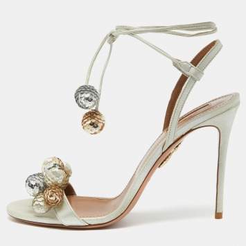 مملوكة مسبقًا Aquazzura Metallic Glitter Suede Disco Thing Ankle Tie Sandals Size 39.5