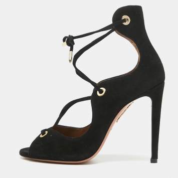 Pre Owned Aquazzura Black Suede Lace Up Sandals Size 35