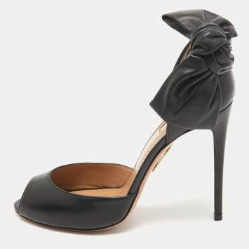 Pre Owned Aquazzura Black Leather Peep Toe Sandals Size 39.5