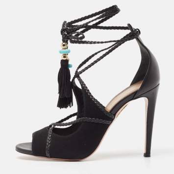 Pre Owned Aquazzura Black Leather and Suede Ankle Wrap Sandals Size 37