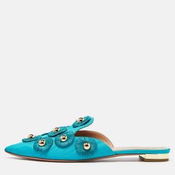 Pre Owned Aquazzura Torquise Fabric Embellished Flat Mules Size 38.5