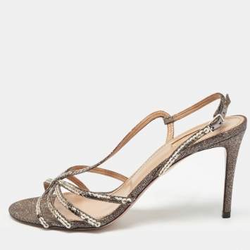 مملوكة مسبقًا Aquazzura Metallic Bronze Canvas Crystal Embellished Ankle Strap Sandals Size 39