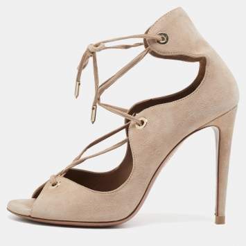 Pre Owned Aquazzura Beige Suede Tango Lace Up Sandals Size 37.5