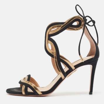 مملوكة مسبقًا Aquazzura Black/Gold Leather and Suede Moon Ray Sandals Size 37