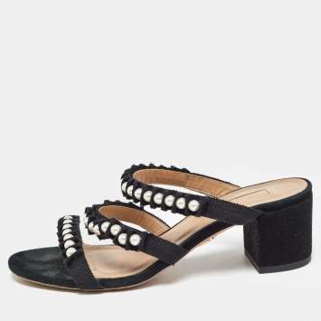 Pre Owned Aquazzura Black Suede and Canvas Love Story Slide Sandals Size 37.5
