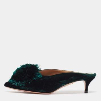 Pre Owned Aquazzura Green Velvet  Powder Puff 45 Pompom-Embellished Mules Size 36.5