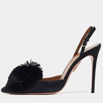 Pre Owned Aquazzura Black Suede and Fur Ankle Strap Pumps Size 37