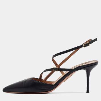 Pre Owned Aquazzura Black Leather Pointed Toe Ankle Strap Pumps Size 39  