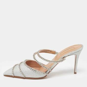 Pre Owned Aquazzura Silver Glitter Crystal Embellished Mules Size 38