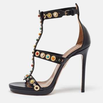 Pre Owned Aquazzura Black Leather Platform Ankle Strap Sandals Size 39.5