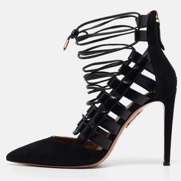 Pre Owned Aquazzura Black Suede and Leather Amazon Ankle Wrap Pumps Size 38