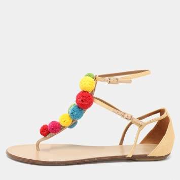 Pre Owned Aquazzura Beige Canvas Pom Pom Flat Sandals Size 40