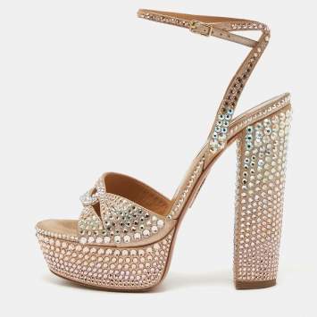Pre Owned Aquazzura Rose Gold Crystal Embellished Leather Sinner Sandals Size 39