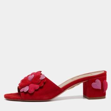 مملوكة مسبقًا Aquazzura Red Suede Hearts Detail Slide Sandals Size 37.5