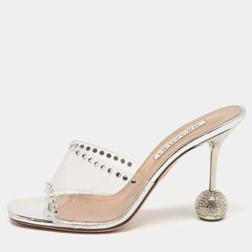 Pre Owned Aquazzura Transparent PVC Crystal Embellished Slide Sandals Size 38