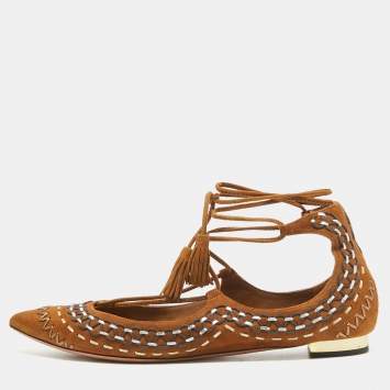 Pre Owned Aquazzura Brown Suede Ankle Wrap Ballet Flats Size 38.5