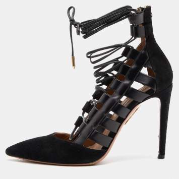 Pre Owned Aquazzura Black Leather and Suede Ankle Length Boots Size 41