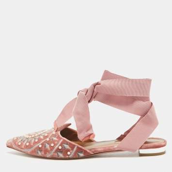 Pre Owned Aquazzura Pink Embellished Velvet Ankle Tie Flats Size 36