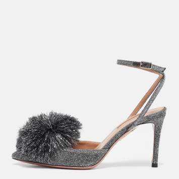 Pre Owned Aquazzura Silver Lurex Fabric Powder Puff Pumps Size 35.5
