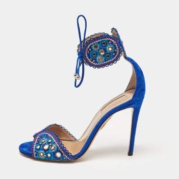 Pre Owned Aquazzura Blue Suede Ankle Strap Sandals Size 36