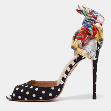 مملوكة مسبقًا Aquazzura x Racil Multicolor Polka Dot Fabric and Printed Satin Bow Sandals Size 36