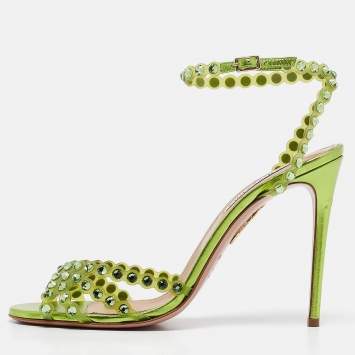 Pre Owned Aquazzura Green PVC Crystal Ankle Strap Sandals Size 41