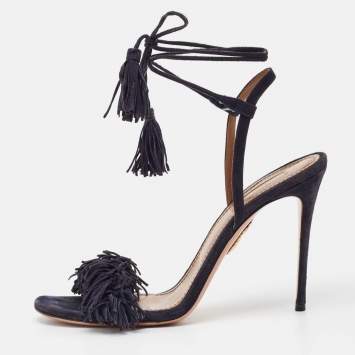 Pre Owned Aquazzura Navy Blue Suede Wild Thing Ankle Strap Sandals Size 39.5