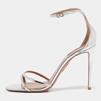 مملوكة مسبقًا Aquazzura Silver Leather Ankle Strap Sandals Size 40.5