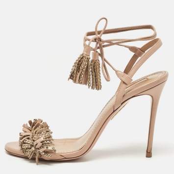 Pre Owned Aquazzura Pink Leather Embellished Wild Thing Sandals Size 39