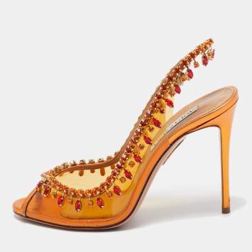 Pre Owned Aquazzura Orange Leather and PVC Crystal Embellished Temptation Pumps Size 38