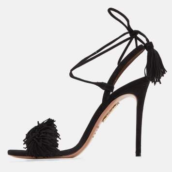 Pre Owned Aquazzura Black Leather Wild Thing Ankle Strap Sandals Size 40.5