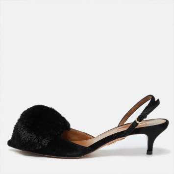 مملوكة مسبقًا Aquazzura Black Velvet Powder Puff Pointed Toe Slingback Sandals Size 37