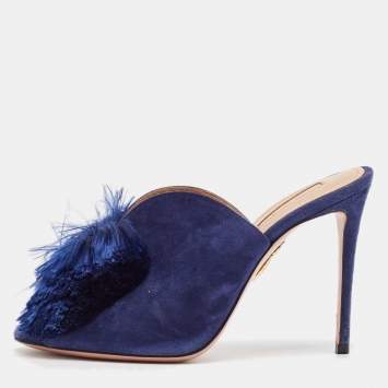 Pre Owned Aquazzura Navy Blue Suede Lotus Blossom Peep Toe Mules Size 38