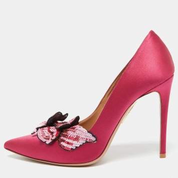 Pre Owned Aquazzura Pink Satin Sequin Embellished Pointed Toe Pumps Size 37.5