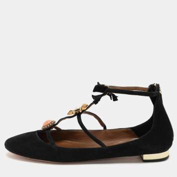 Pre Owned Aquazzura Black Suede Pandora Embellished Ballet Flats Size 40