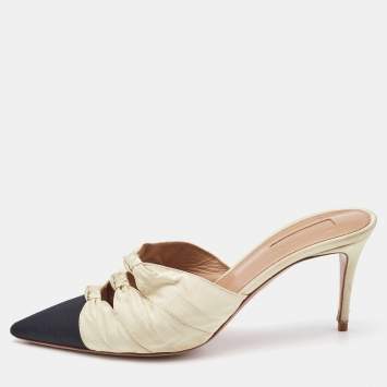 Pre Owned Aquazzura Beige/Black Knotted Fabric Mondaine Mules Size 38