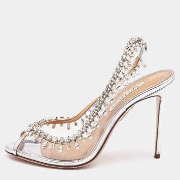 مملوكة مسبقًا Aquazzura Transparent/Silver PVC and Patent Leather Temptation Slingback Sandals Size 38.5