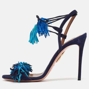 Pre Owned Aquazzura Blue Suede Wild Thing Fringe Ankle Strap Sandals Size 38