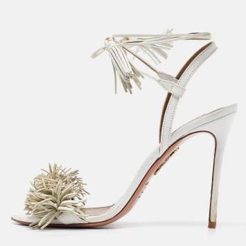Pre Owned Aquazzura White Leather Wild Thing Ankle Tie Sandals Size 39