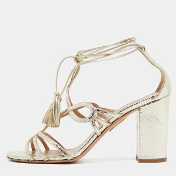 Pre Owned Aquazzura Gold Snakeskin Embossed Leather Gitana Ankle Strap Sandals Size 41
