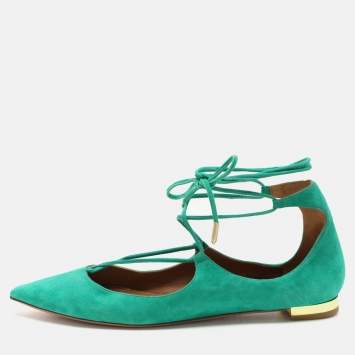 Pre Owned Aquazzura Green Suede Christy Ankle Wrap Flats Size 36.5