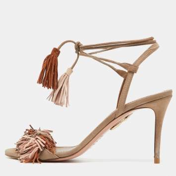 Pre Owned Aquazzura Multicolor Suede Wild Thing Fringe Ankle Strap Sandals Size 37