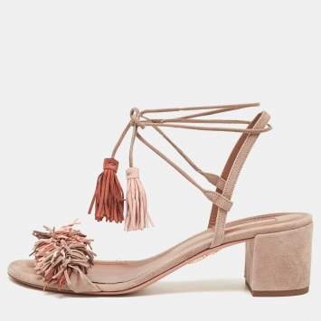 Pre Owned Aquazzura Multicolor Suede Fringe Wild Thing Ankle Strap Sandals Size 39.5