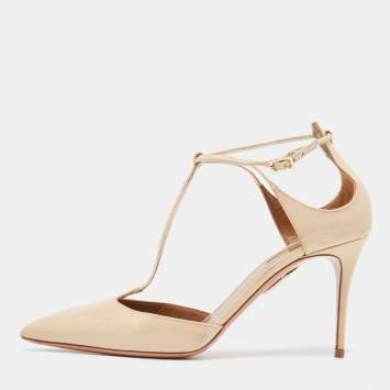 Pre Owned Aquazzura Beige Patent Leather T-Bar Ankle Strap Pumps Size 39