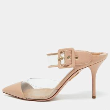 Pre Owned Aquazzura Beige Leather and PVC Optic Buckle Pointed Toe Mules Size 39